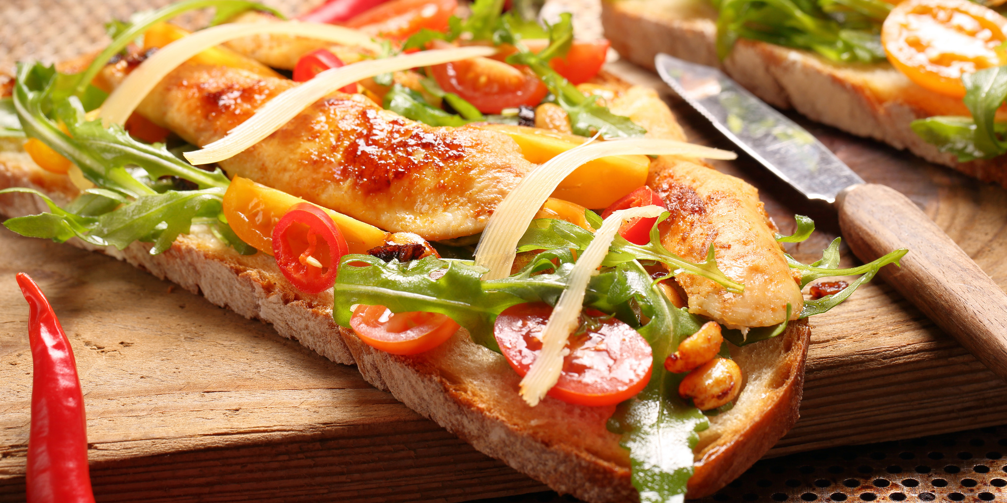 Chicken Sandwich on Sourdough with Arugula, Tomato and Cheese at foodious.com