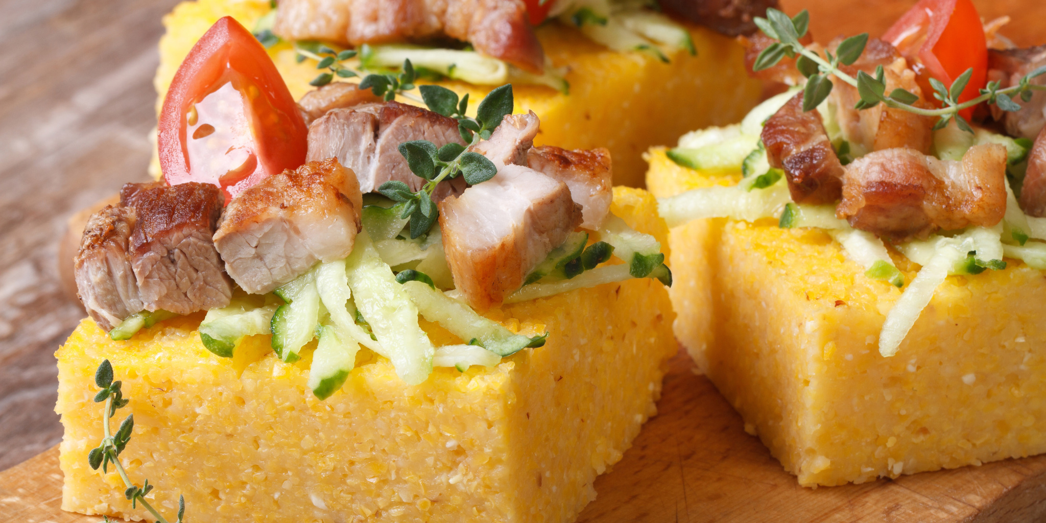 Polenta Squares with Pancetta and Vegetables at foodious.com