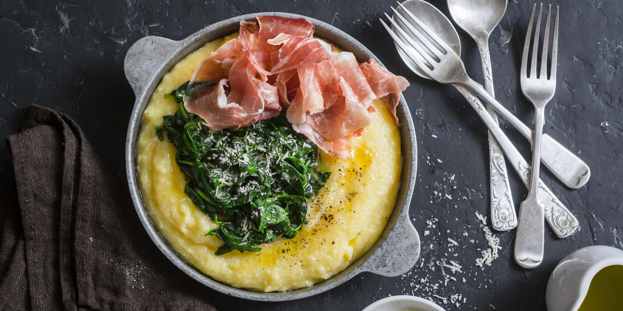 Polenta with Buttered Spinach and Prosciutto at foodious.com