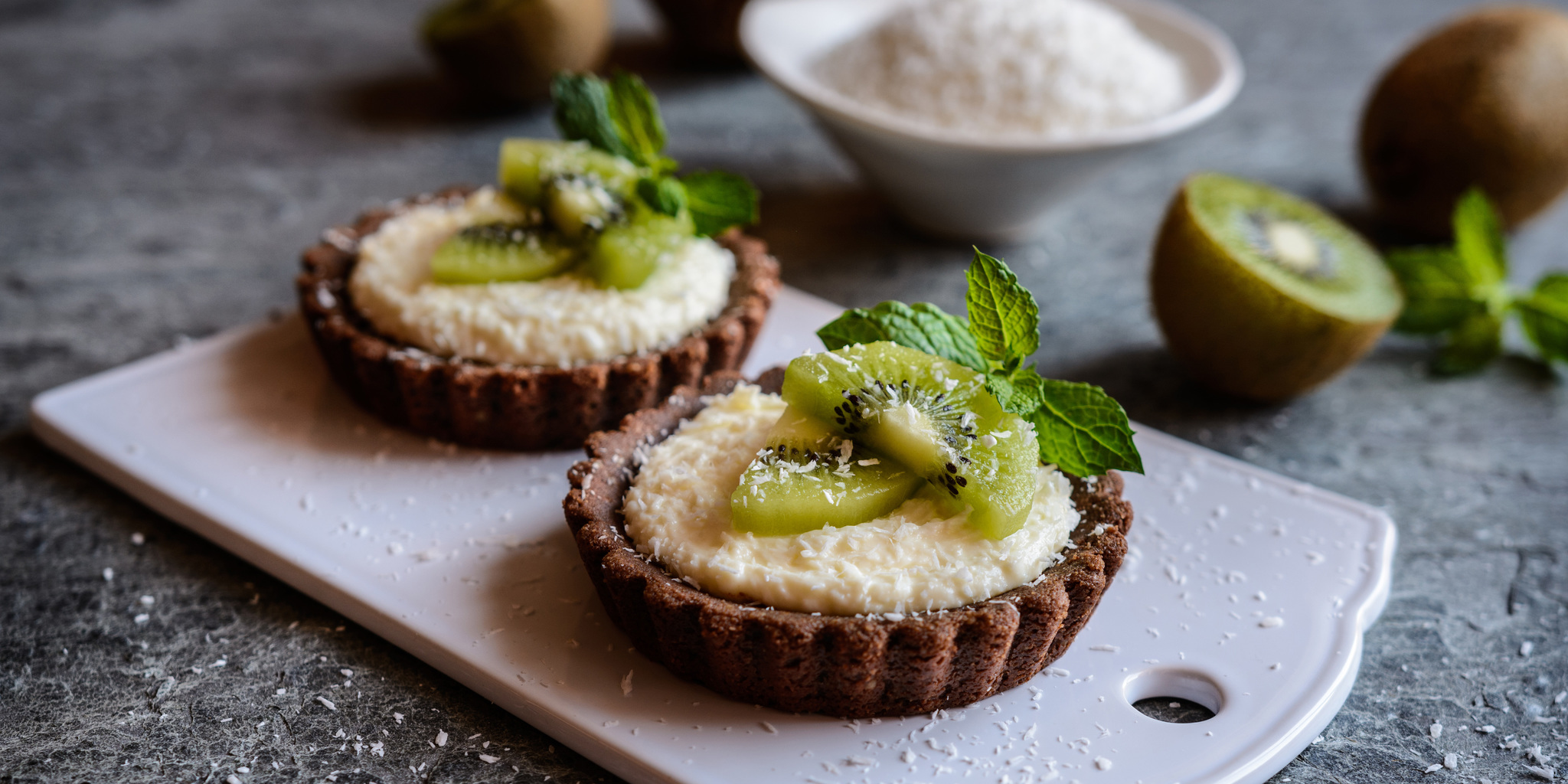 Chocolate Tartlet with Coconut Cream and Kiwi at foodious.com