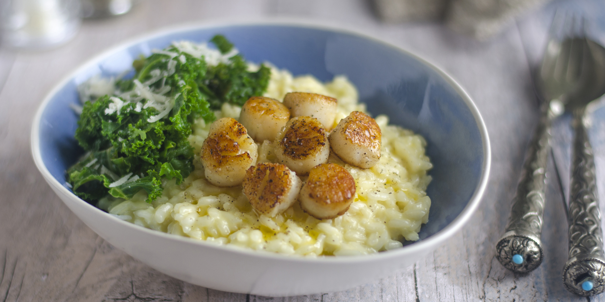 Brown Butter Scallops with Parmesan Risotto at foodious.com