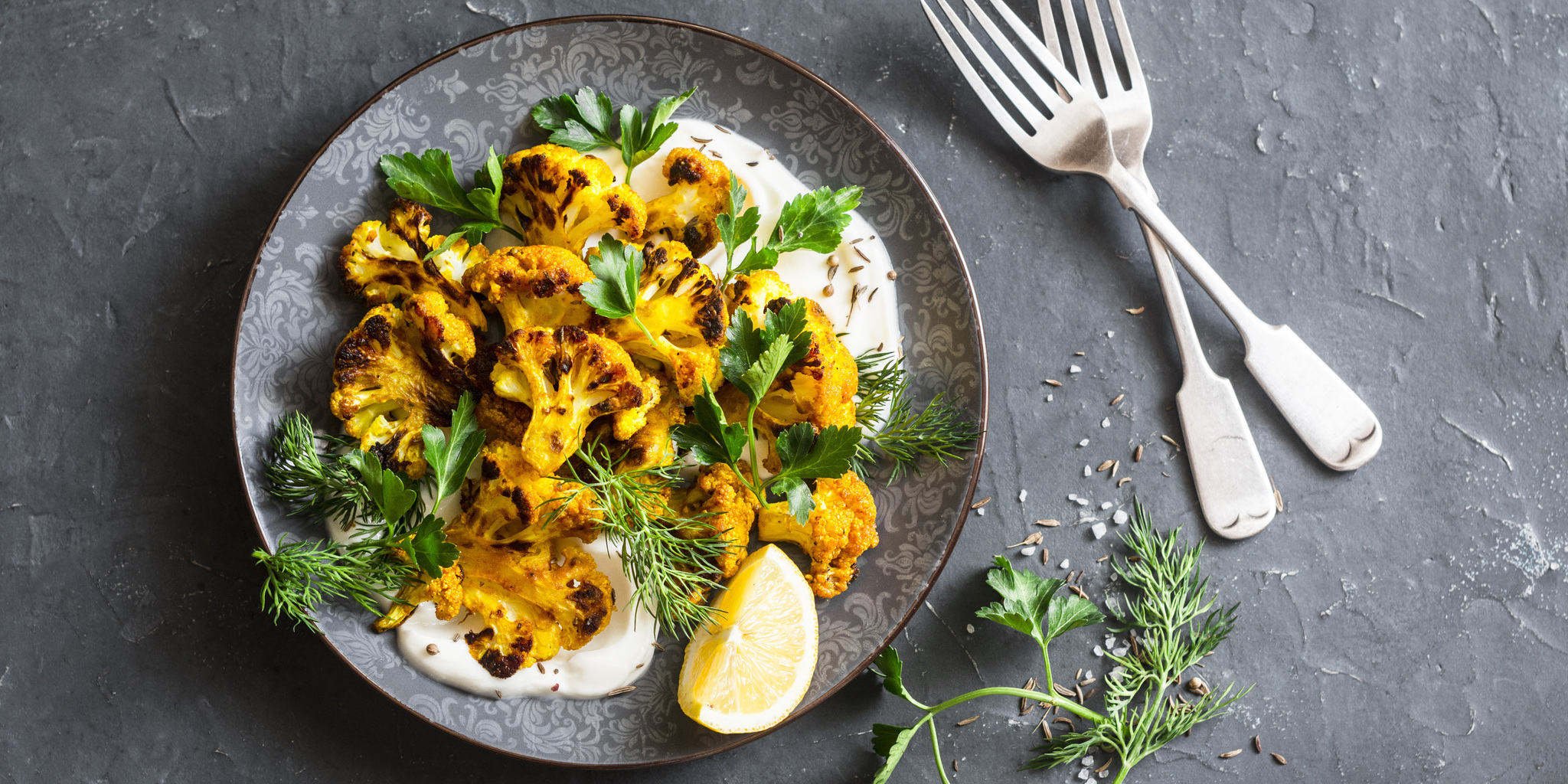 Roasted Turmeric Cauliflower with Greek Yogurt Dressing at foodious.com