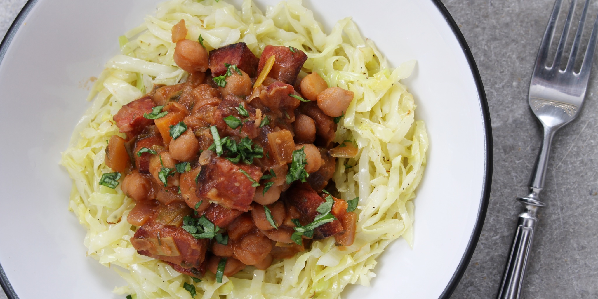 Chorizo and Chickpea Stew with Wilted Cabbage at foodious.com