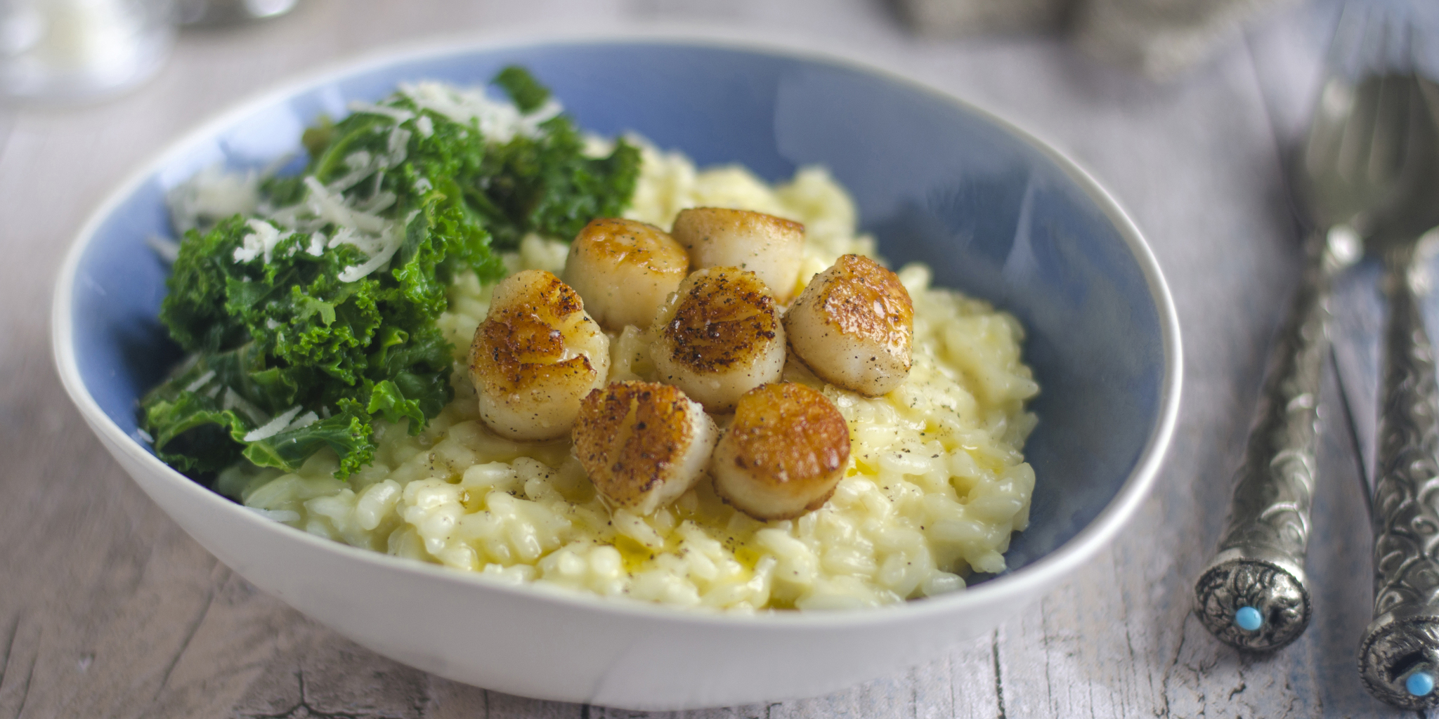 Scallops with Parmesan Risotto and Kale at foodious.com