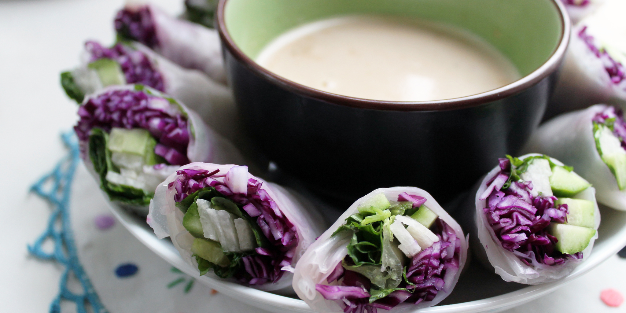 Fresh Rainbow Rolls with Almond Shallot Sauce at foodious.com